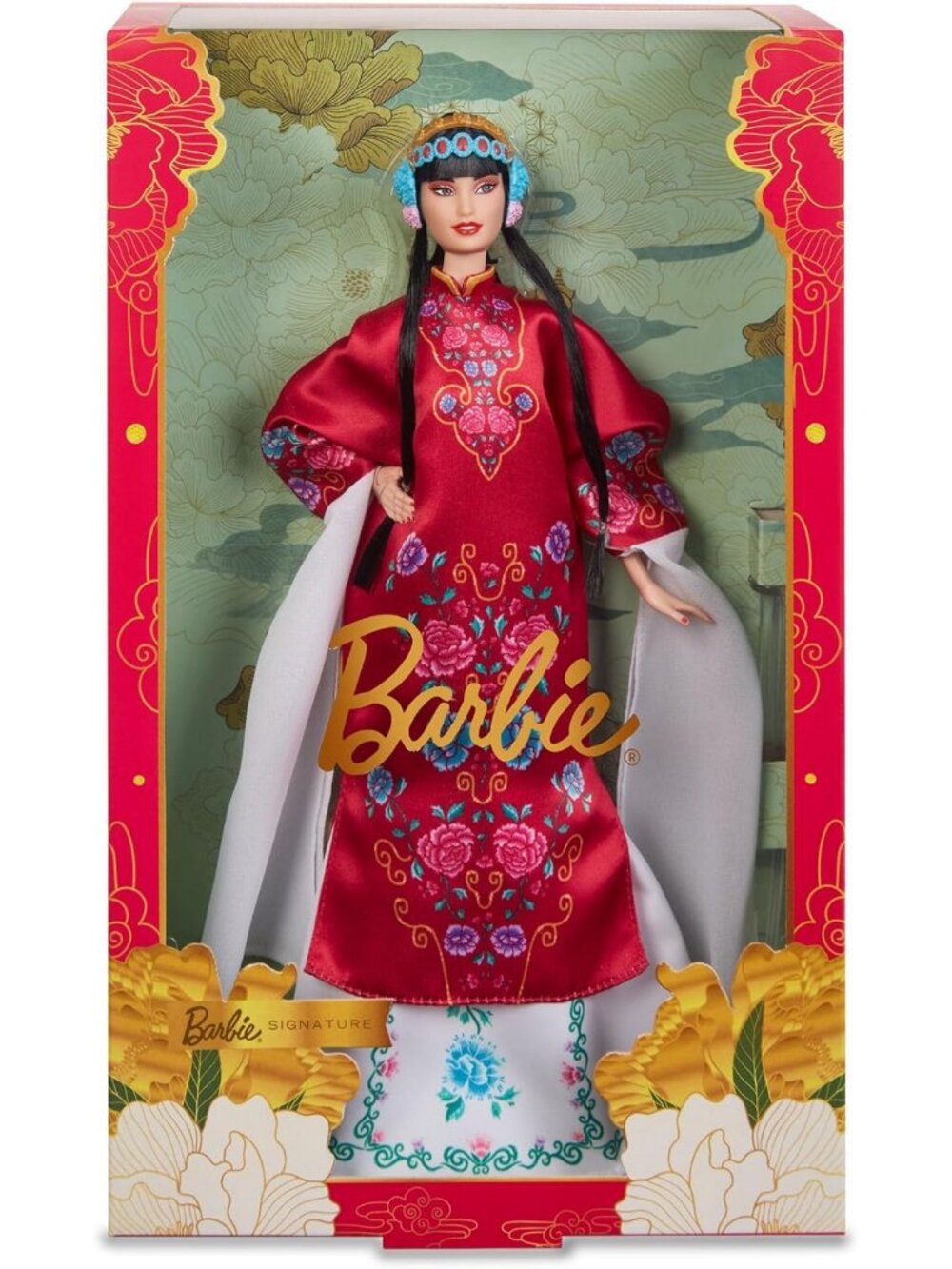 Lunar New Year Collectible Doll in Red Floral Robe with Accessories & Stand
